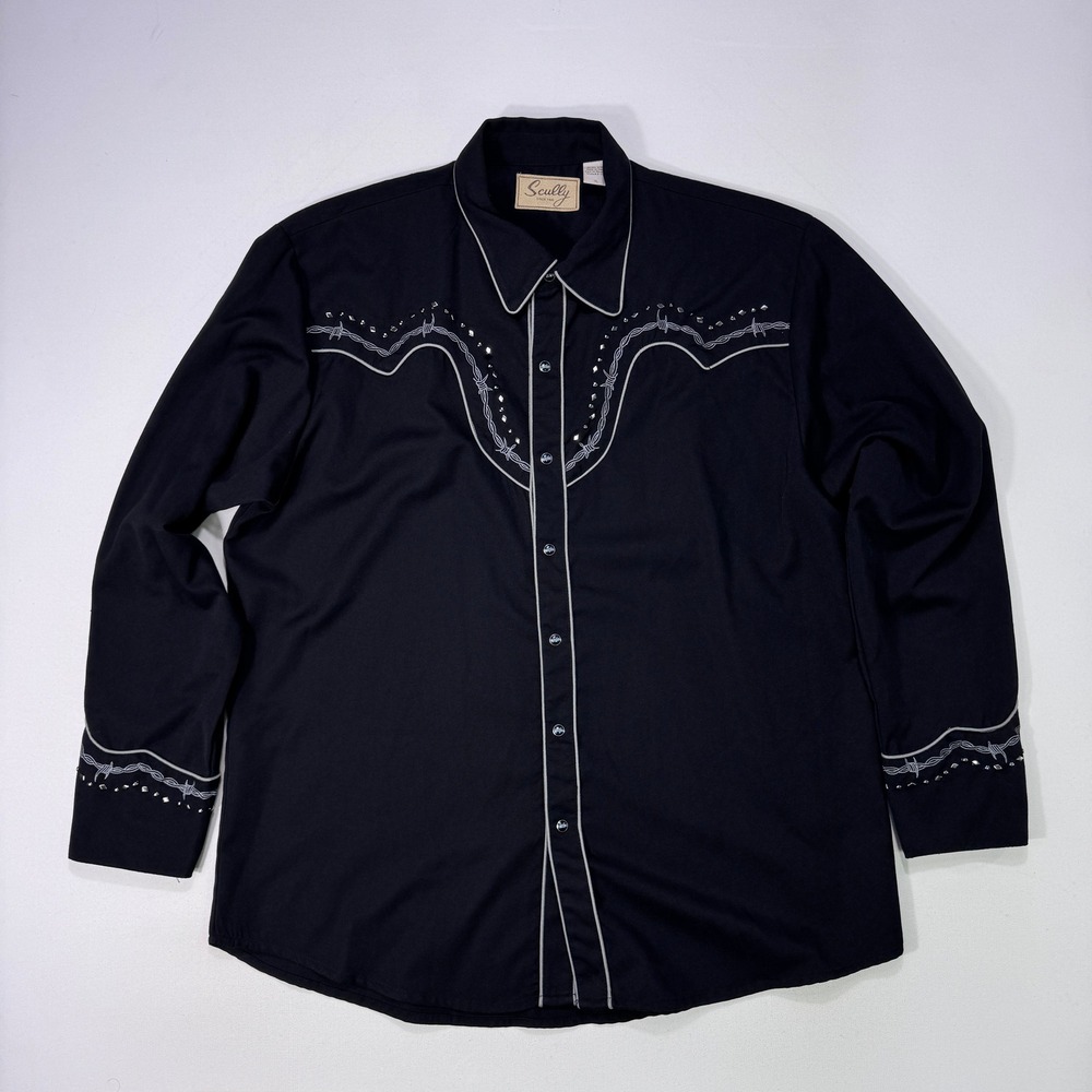 Scully Mens Western Shirt XL Black Barbed Wire Embroidery Studded Cowboy P-775